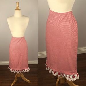 Red white Gingham retro Pencil midi Skirt Lace Trim 1950's Vintage 1960s